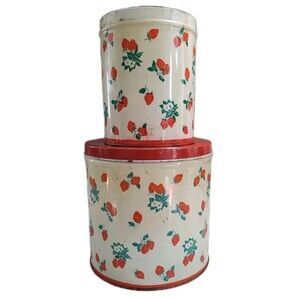 Vintage National Can Corp Strawberry Red/White Canister Set  2pc Cottage Core